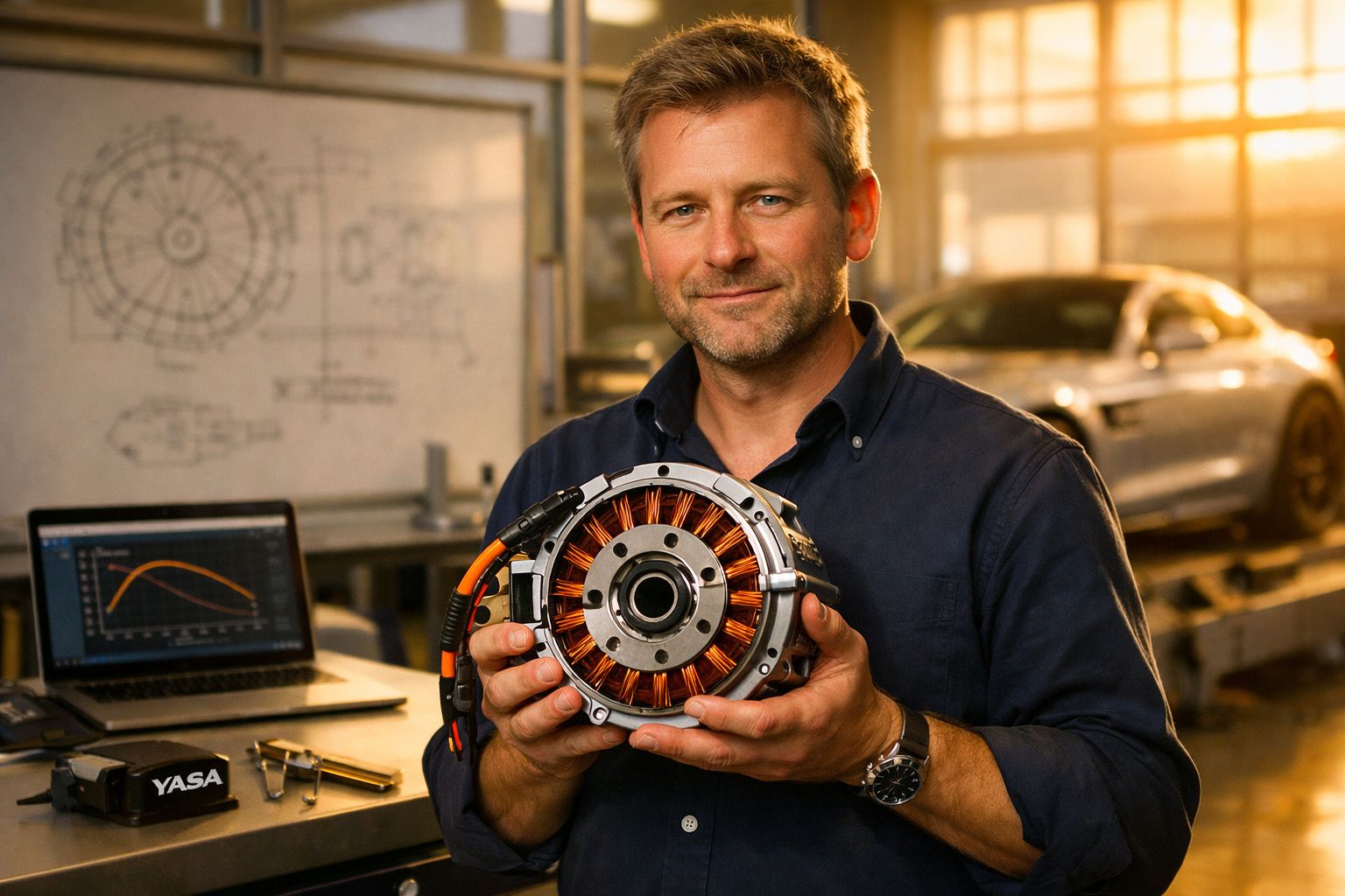 Homem numa oficina segurando motor elétrico, com carro e portátil ao fundo.