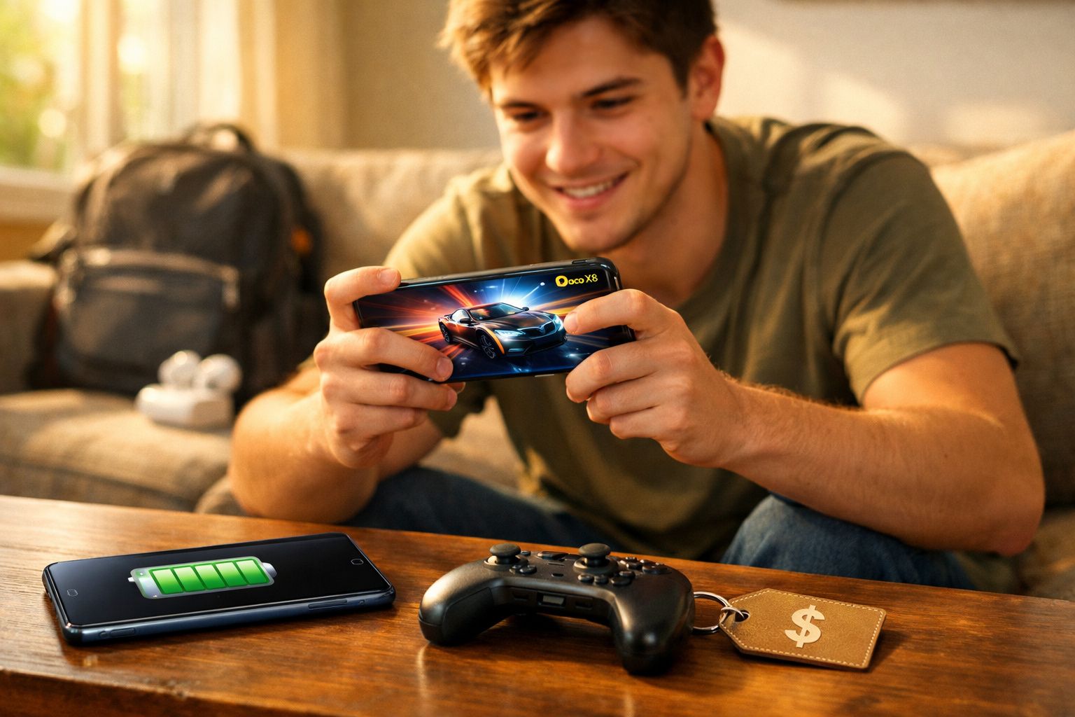 Homem sorridente a jogar videojogo de carros num telemóvel, com comando e outro telemóvel na mesa à frente.