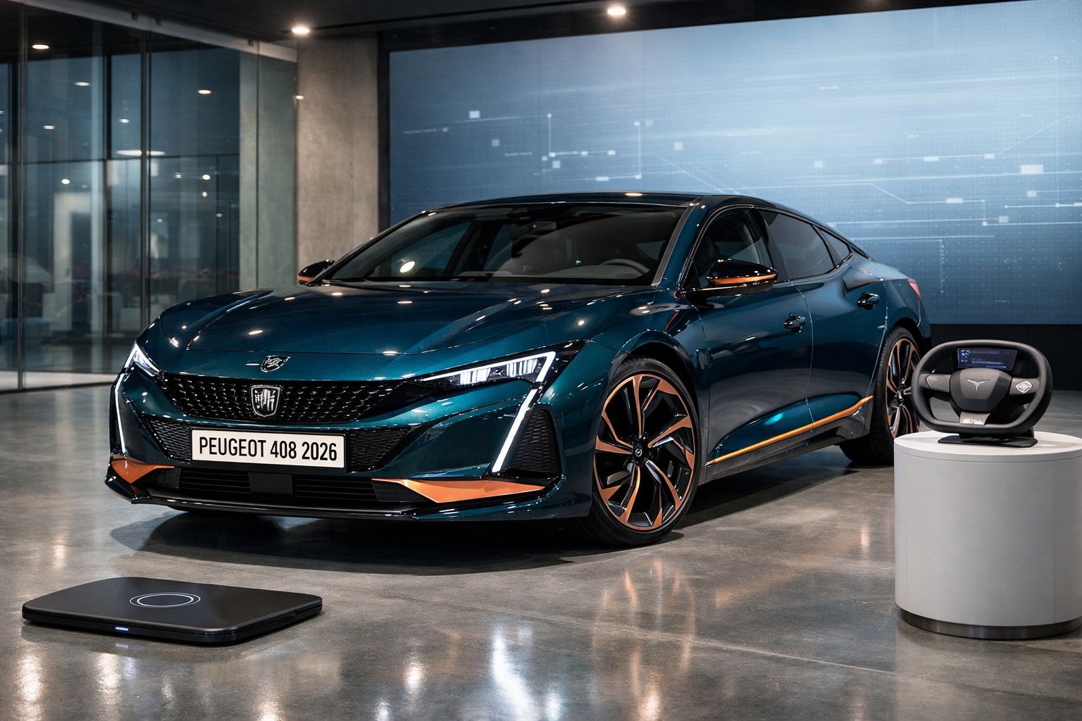 Carro elétrico Peugeot 408 2026 em exposição moderna, azul metálico com detalhes laranja, ambiente interior elegante.