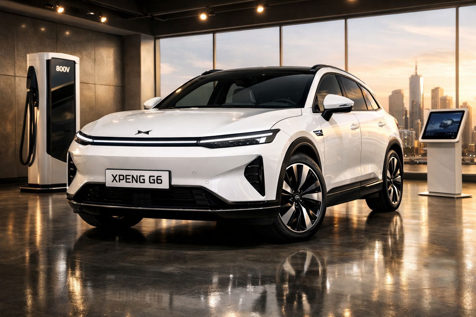 Carro elétrico XPeng G6 branco estacionado numa sala moderna com estação de carga 800V ao lado.