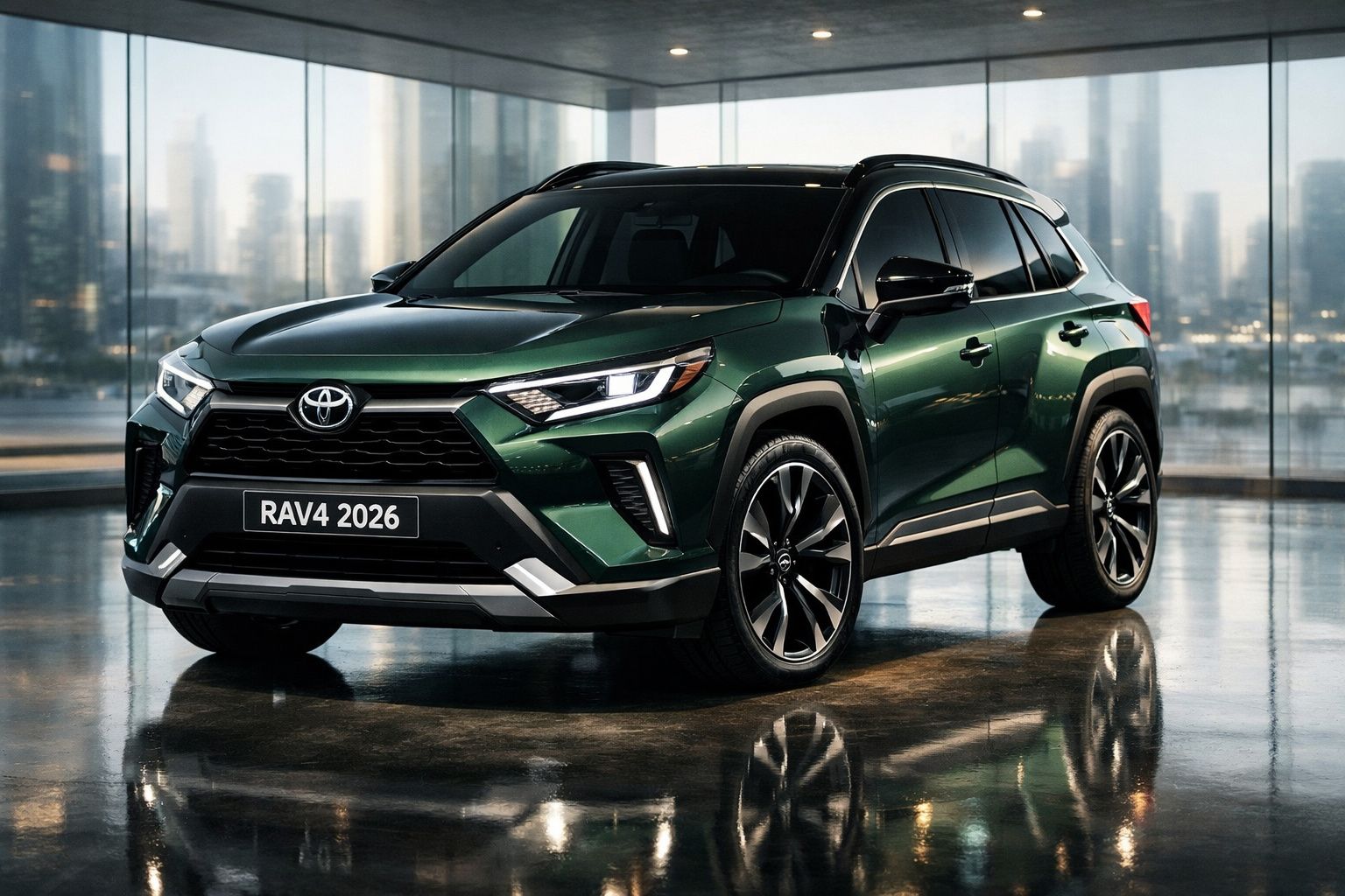 Toyota RAV4 2026 verde estacionado em interior moderno com janelas de vidro do chão ao teto.