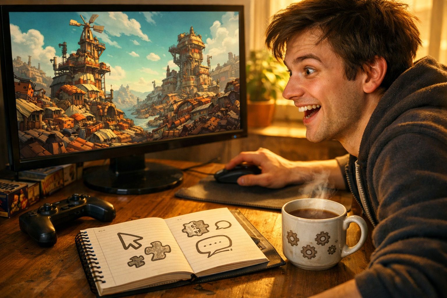 Jovem entusiasmado a jogar videojogo num computador com caderno de notas e chá quente à frente.