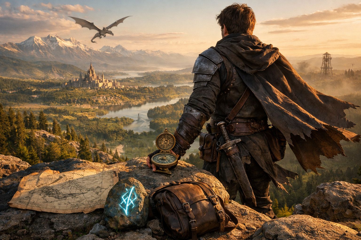 Aventureiro de capa rasgada observa castelo distante com dragão a voar, segurando bússola sobre penhasco com mapa e mochila.