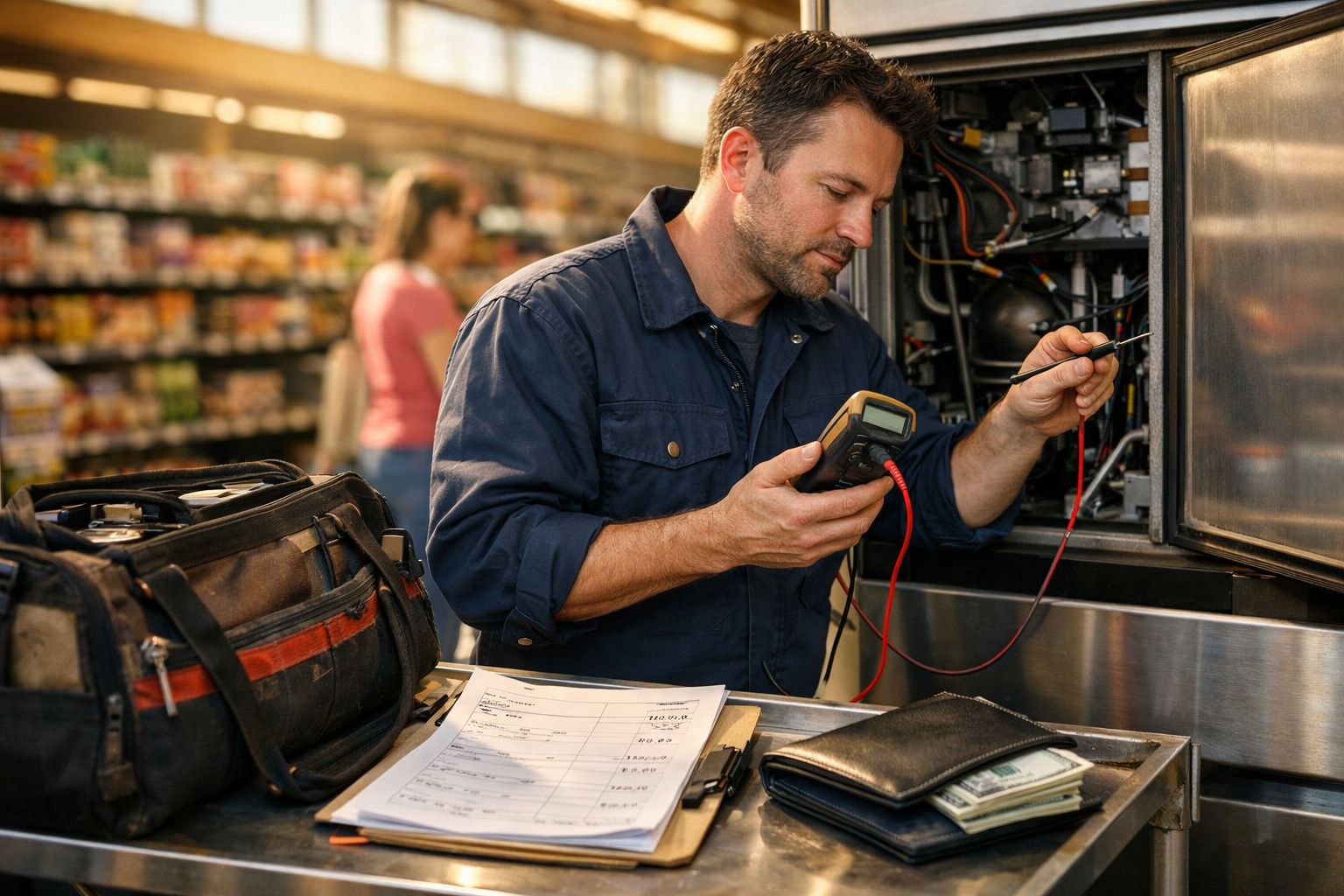 Técnico a medir tensão elétrica numa máquina industrial, com bolsa de ferramentas e documentos numa mesa.