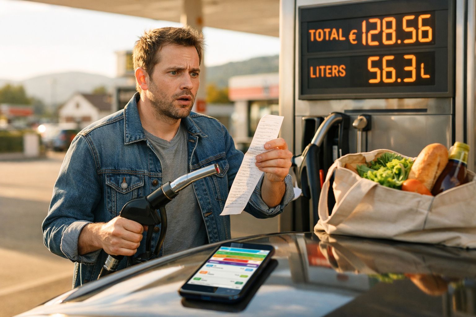 Homem surpreendido verifica conta elevada ao abastecer carro numa bomba de gasolina com saco de compras por perto.
