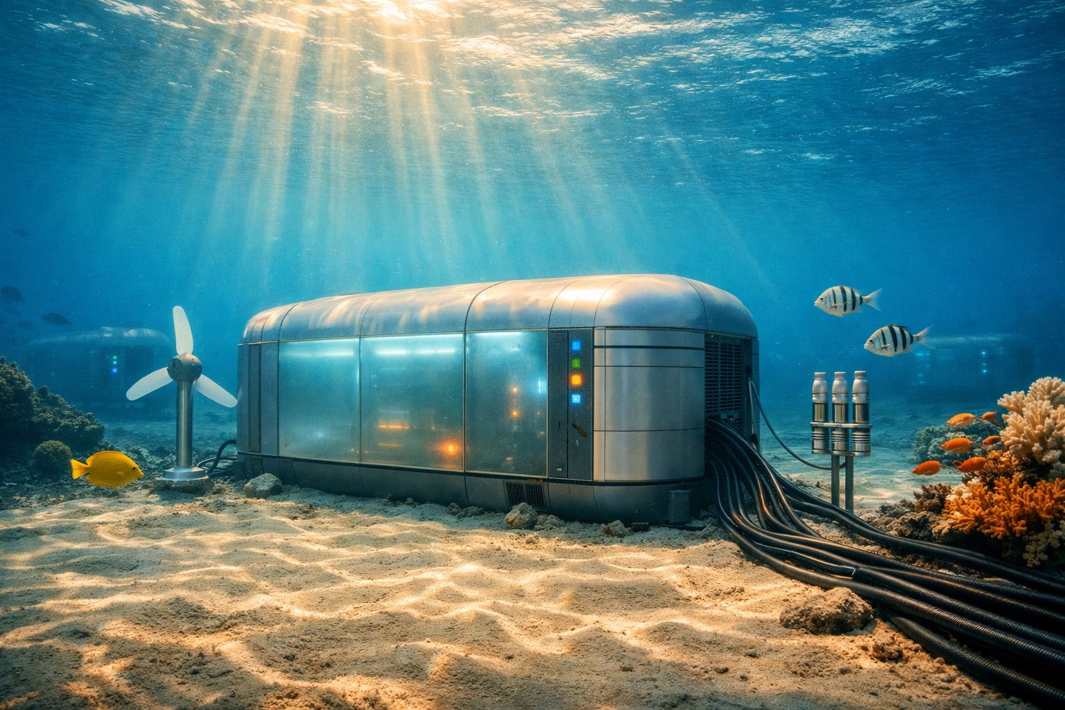 Estrutura tecnológica subaquática metálica com cabos, peixes e luz solar a penetrar na água cristalina.