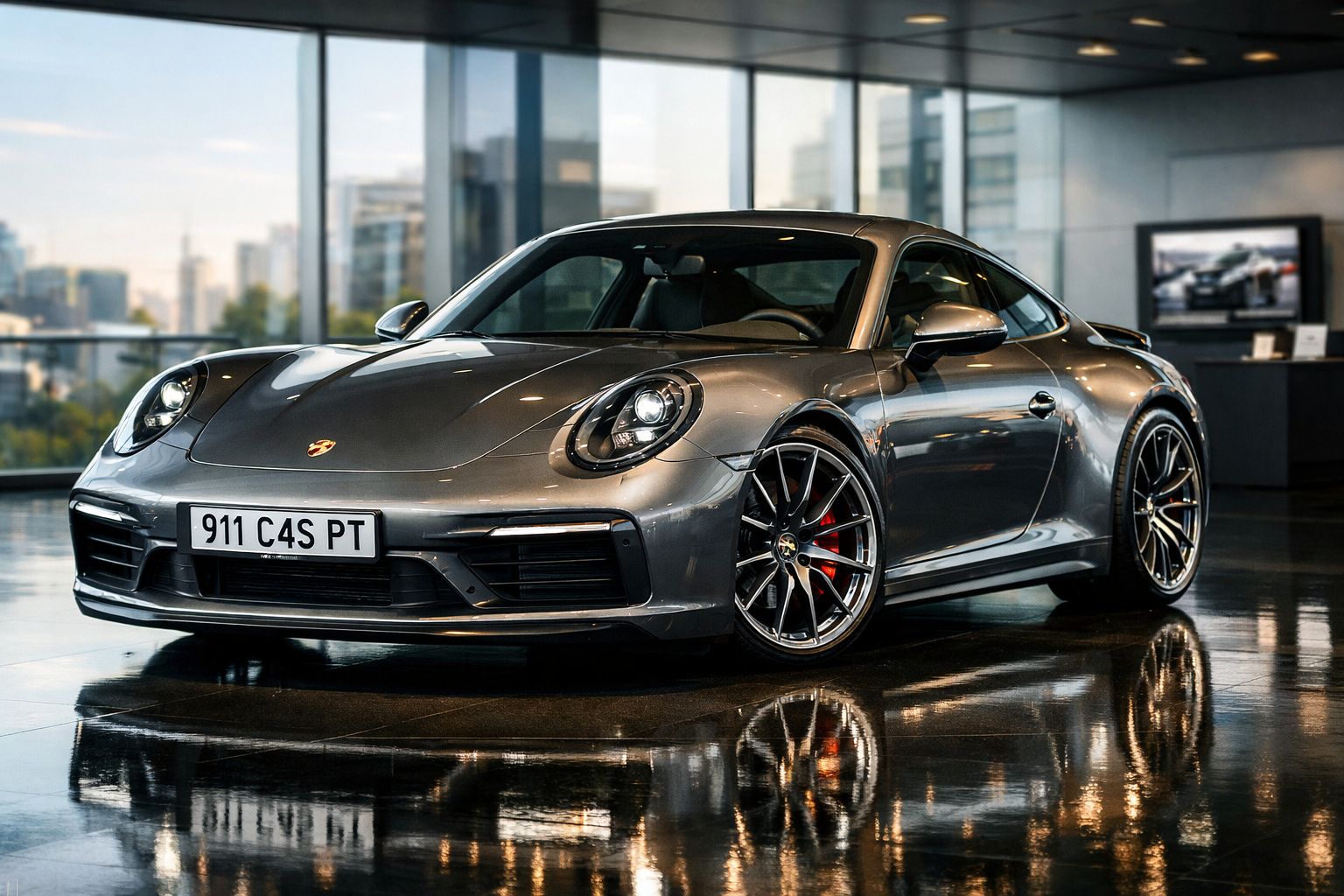 Carro desportivo Porsche 911 cinza estacionado num showroom com reflexos no chão brilhante.