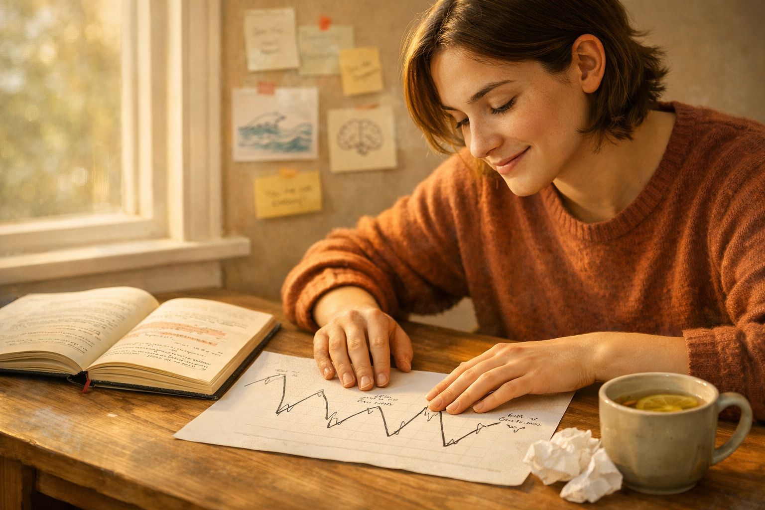 Mulher sorridente a analisar gráfico numa mesa com livro aberto e chá com limão junto à janela iluminada.