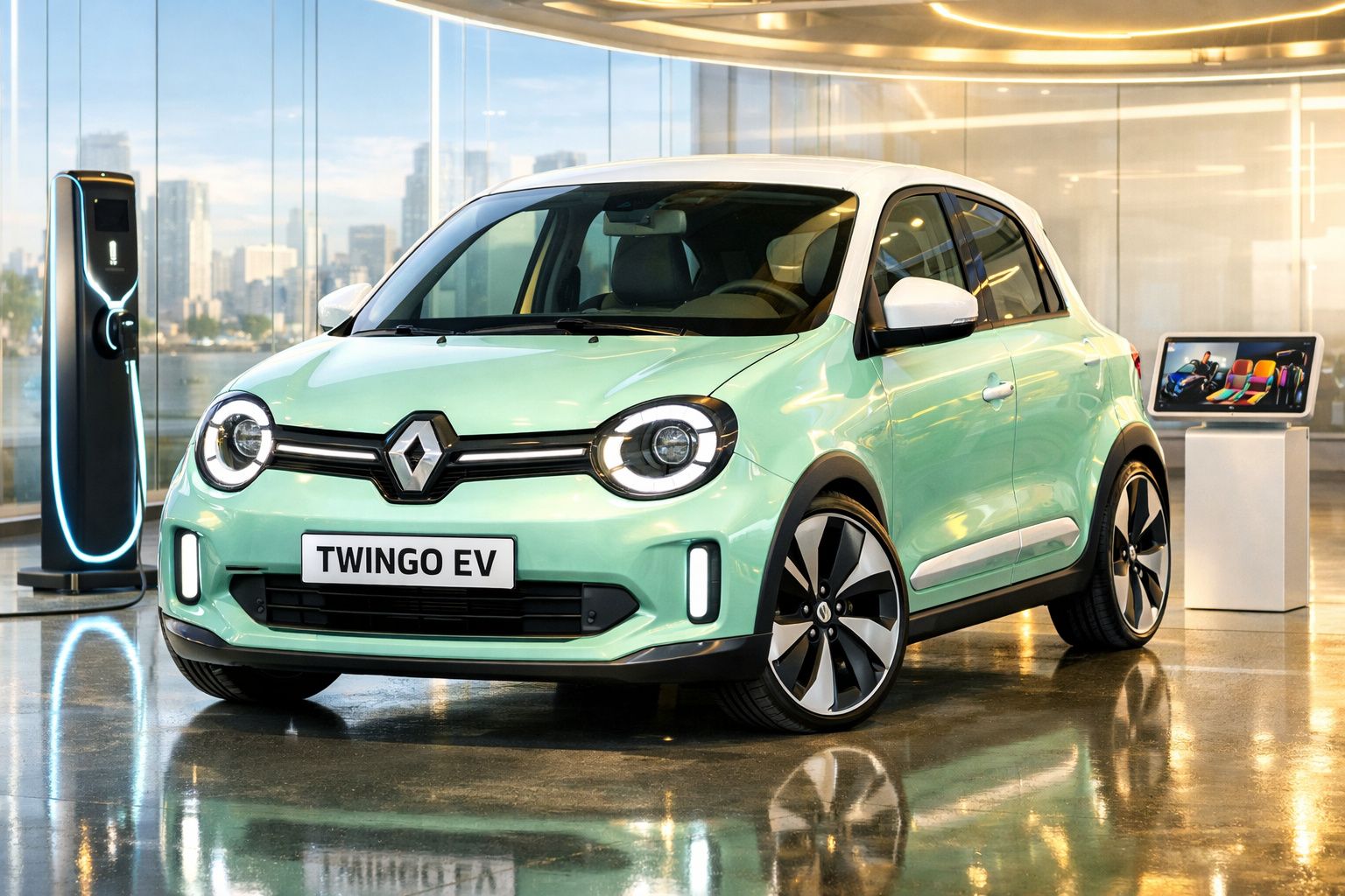 Carro elétrico Renault Twingo EV verde exibido em salão com estação de carregamento ao lado.