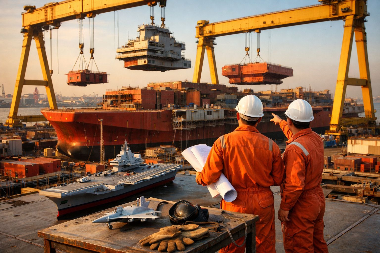 Dois engenheiros com capacetes e fatos laranja observam a construção de um grande navio num estaleiro.