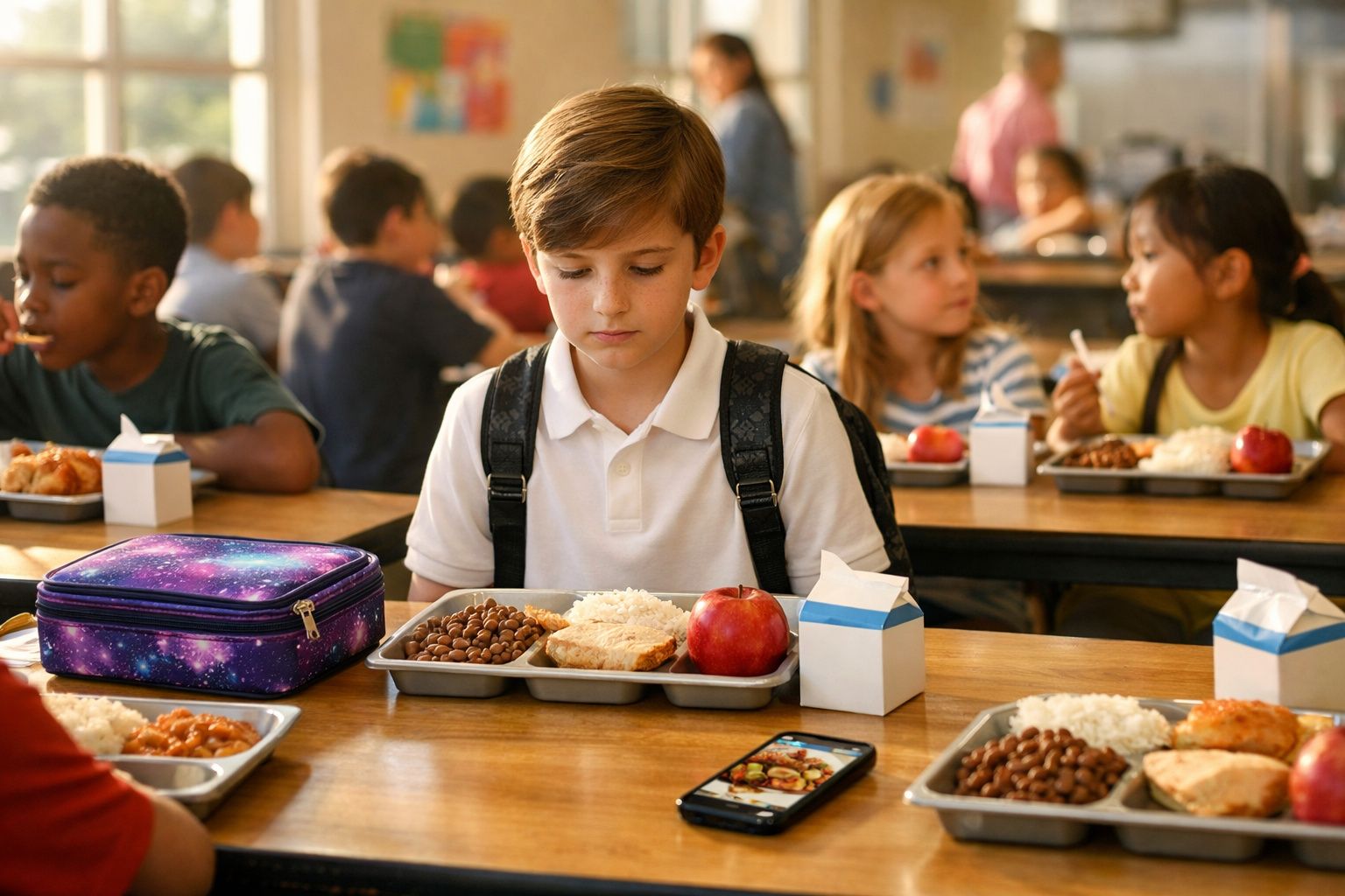 Criança sentada sozinha na cantina da escola com bandeja de comida e lancheira à frente.