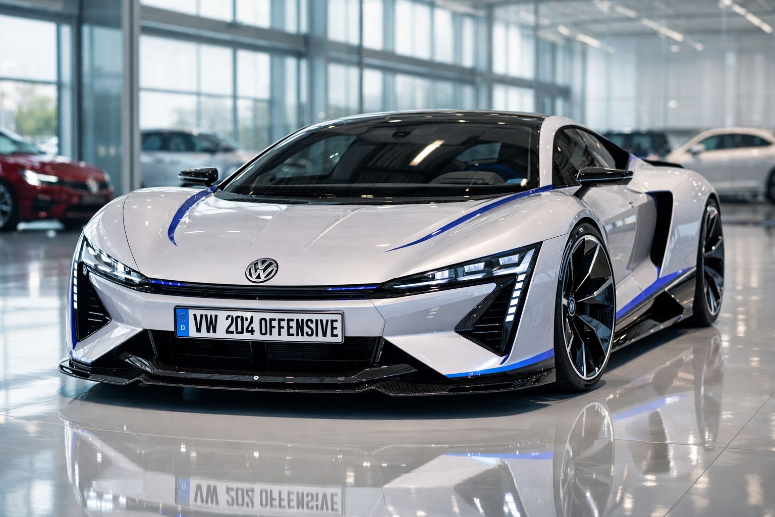 Carro desportivo elétrico Volkswagen branco com detalhes azuis e jantes pretas numa garagem moderna.