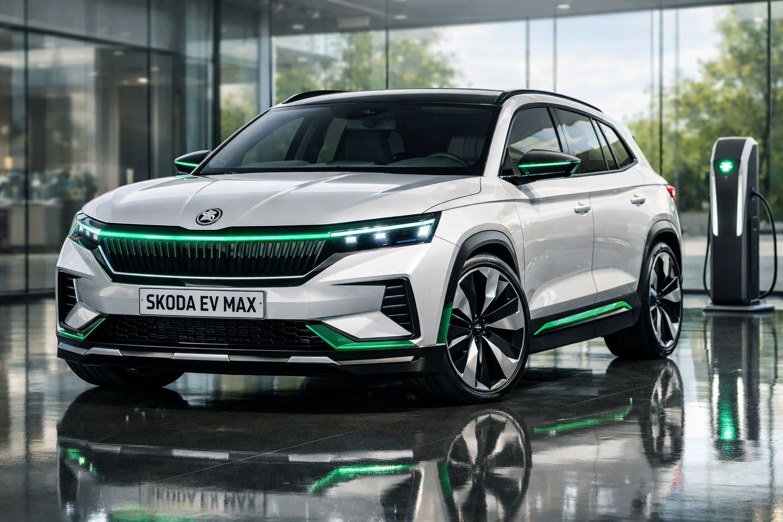 Carro elétrico branco Skoda EV Max estacionado junto a posto de carregamento, com detalhes verdes.