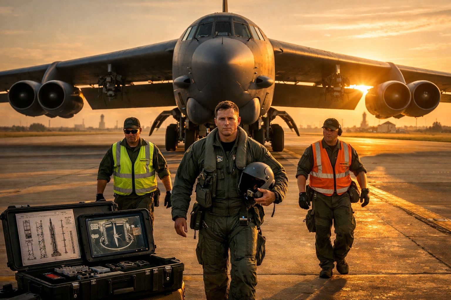 Piloto militar e dois técnicos a caminhar em pista com avião de grande porte ao pôr do sol.
