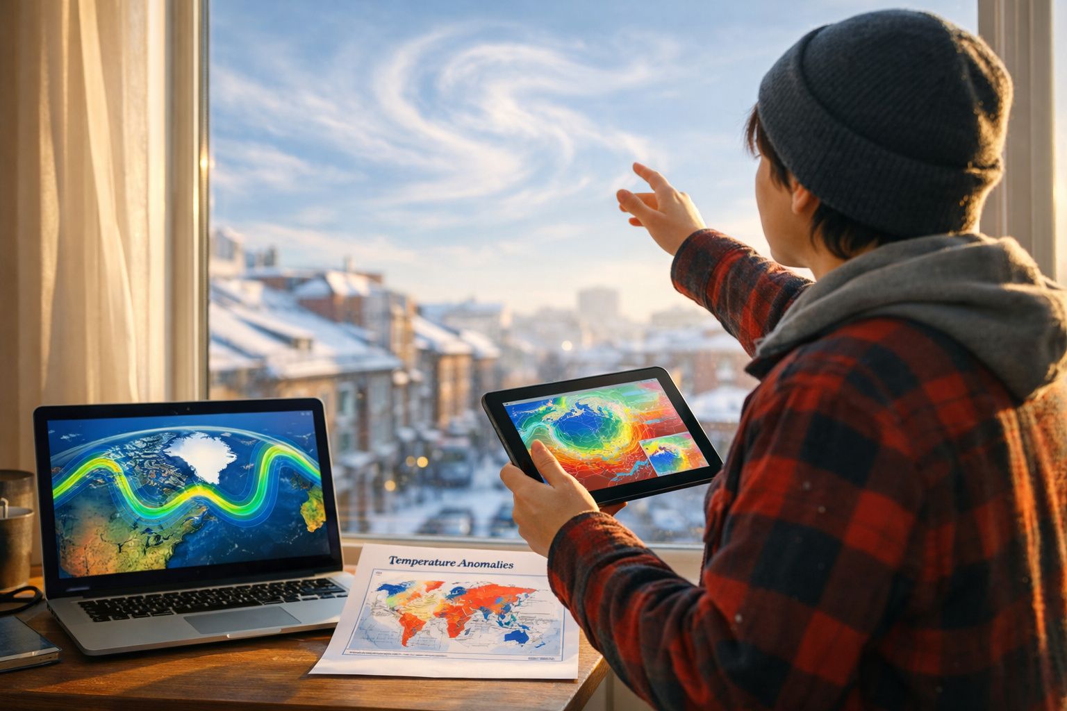 Pessoa sentada junto a janela com mapas de anomalias de temperatura no computador, tablet e papel.