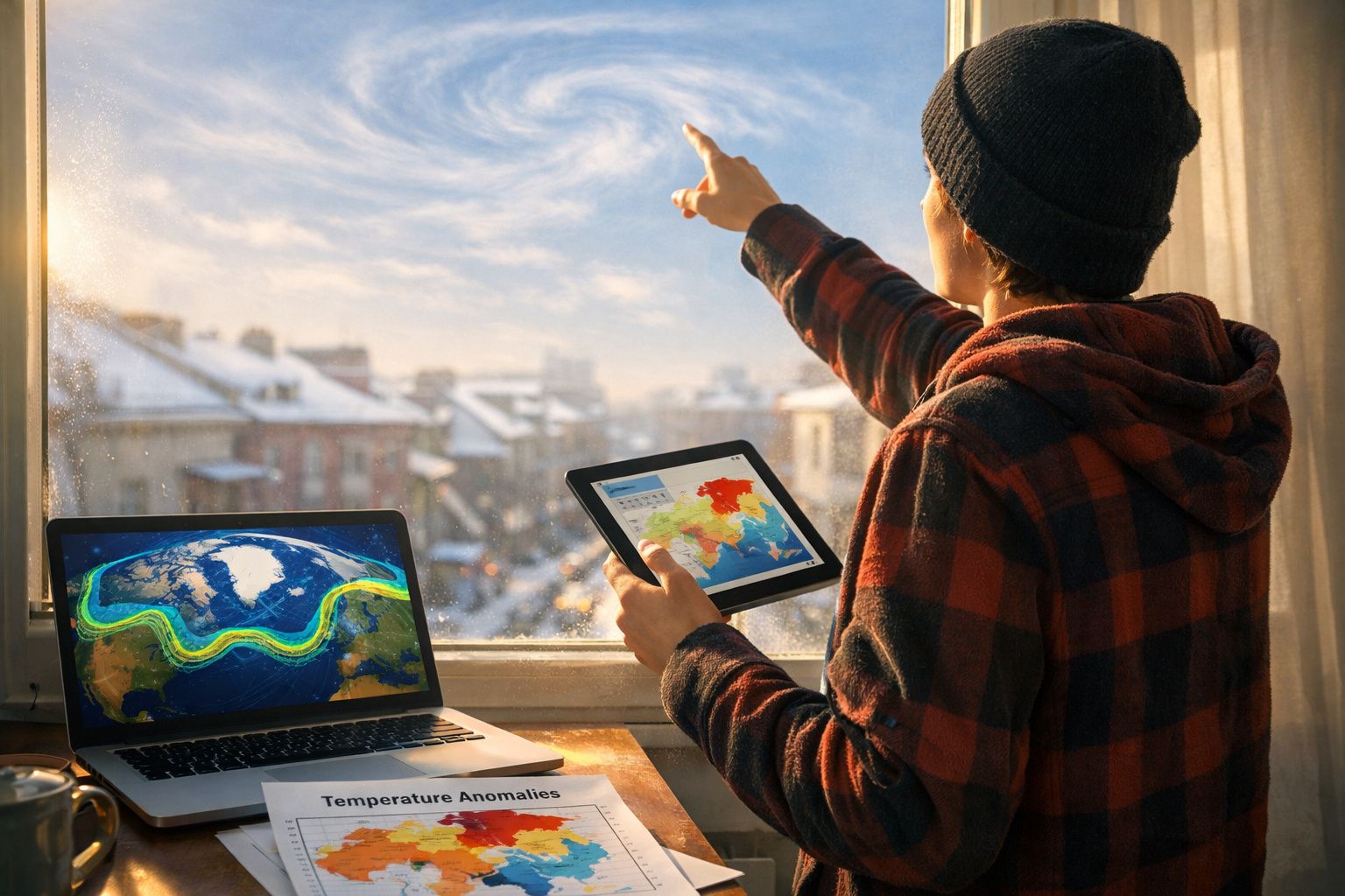 Pessoa com gorro e camisola xadrez aponta para céu enquanto segura tablet com mapa climático ao lado de laptop aberto.