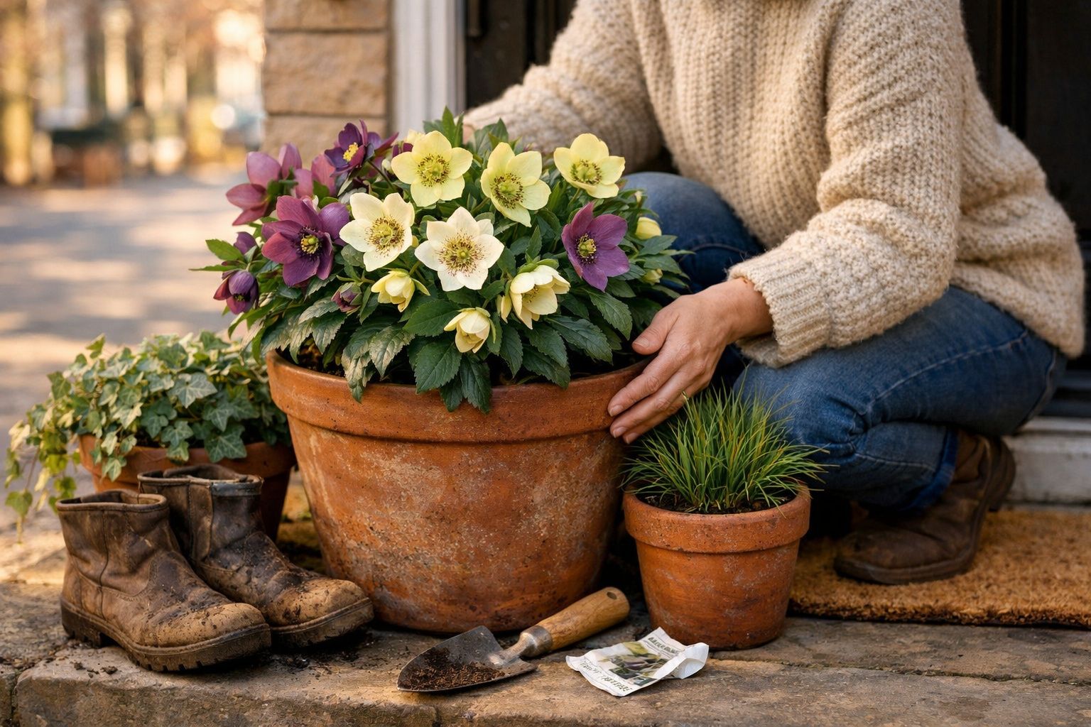 Pessoa a cuidar de vasos com flores coloridas, botas e ferramentas de jardinagem ao lado numa entrada.