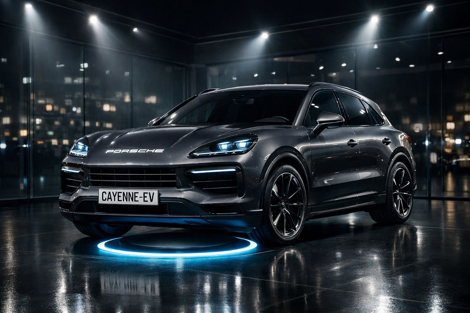 SUV Porsche Cayenne EV cinza metálico em ambiente urbano noturno com luzes LED acesas.
