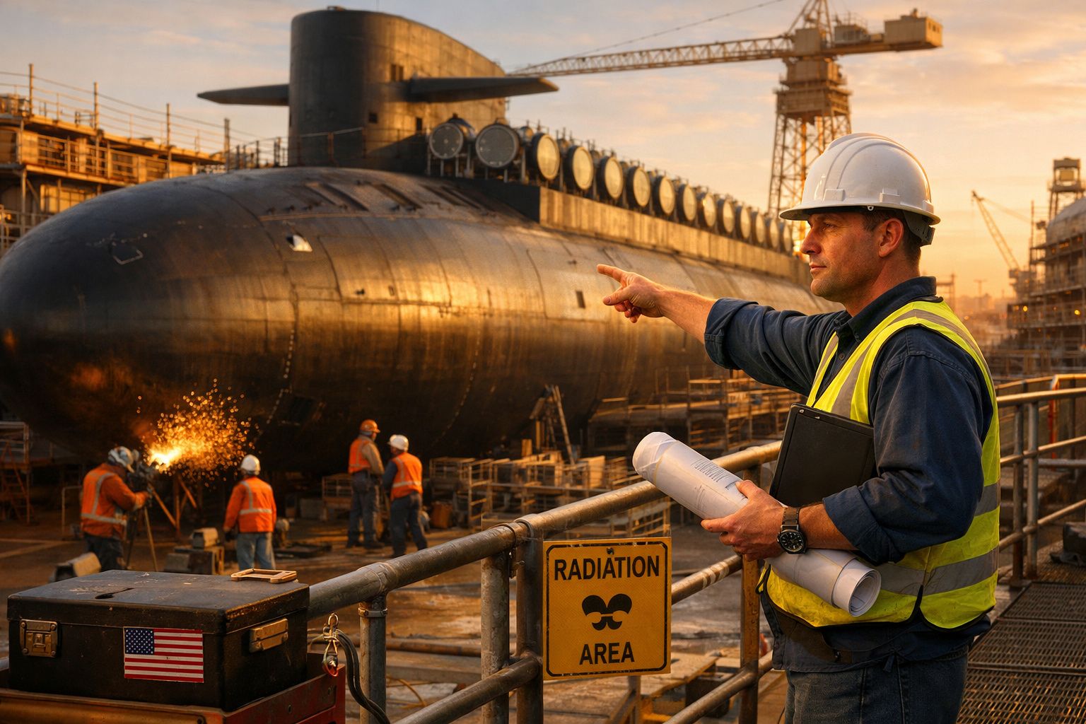 Engenheiro com capacete e colete refletor orienta construção de submarino numa área de radiação.