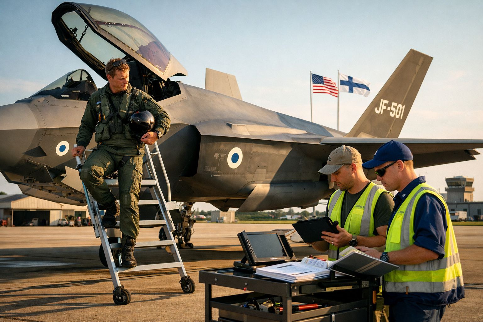 Piloto militar desce de caça F-35 com bandeiras dos EUA e Finlândia ao fundo e técnicos em terra.