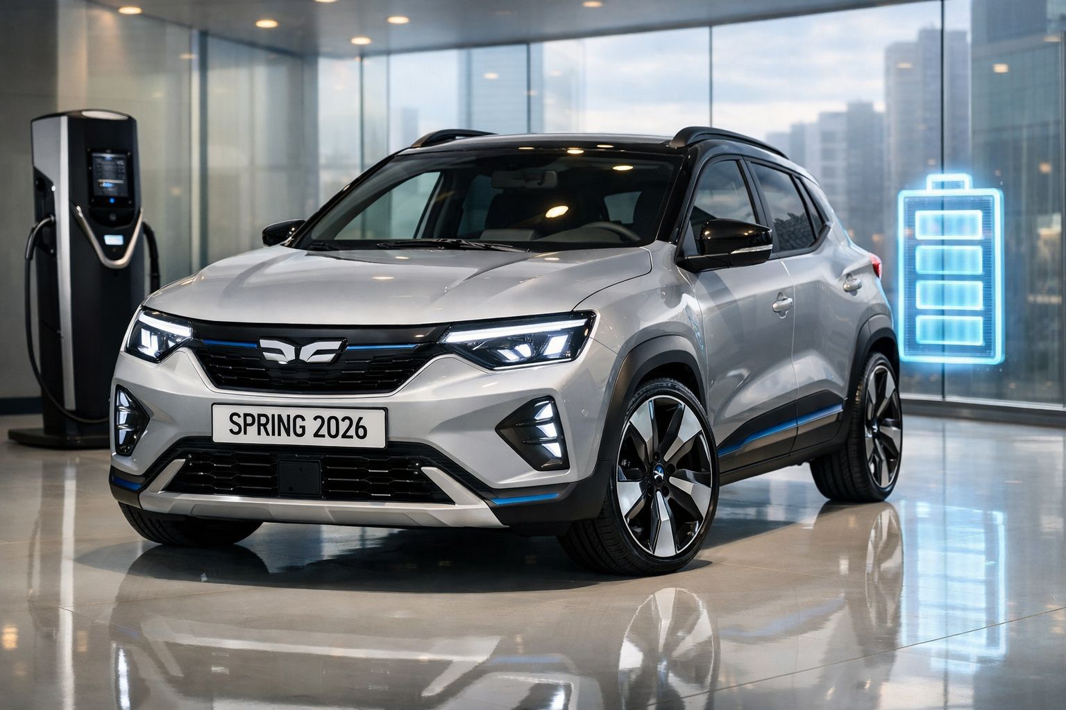 Carro elétrico cinzento estacionado em frente a posto de carregamento, com ícone de bateria luminosa à direita.