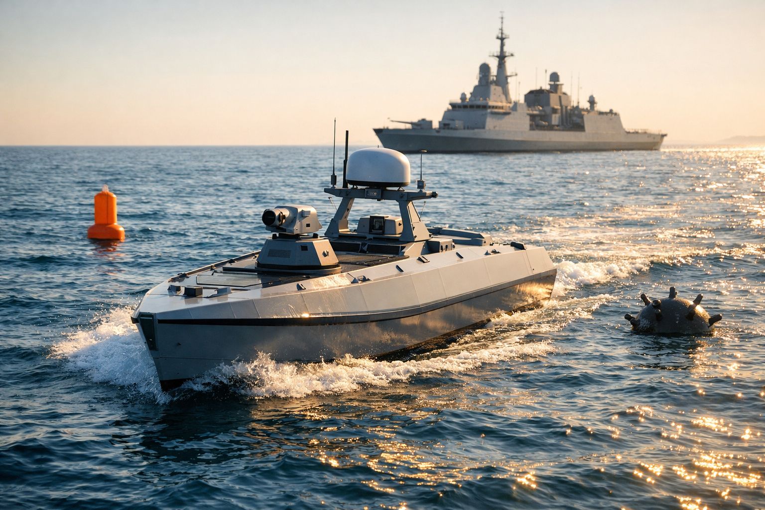 Embarcação não tripulada a navegar em mar calmo com navio de guerra ao fundo e mina naval à direita.