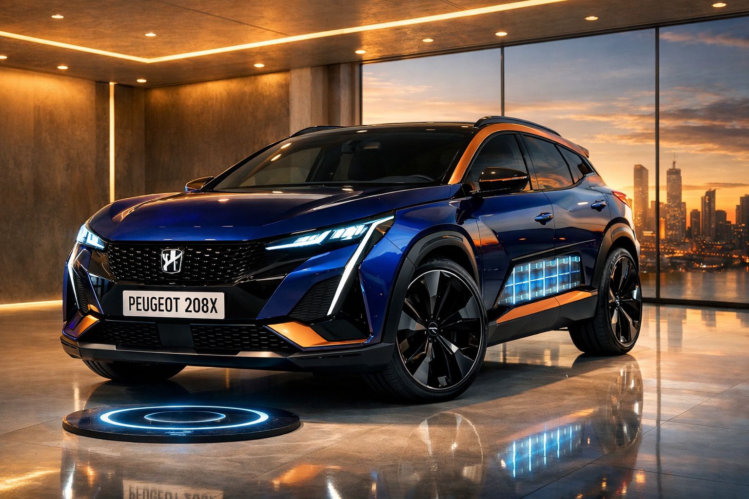 Peugeot 208X azul estacionado em ambiente interior moderno com luzes LED e vista de cidade ao pôr do sol.