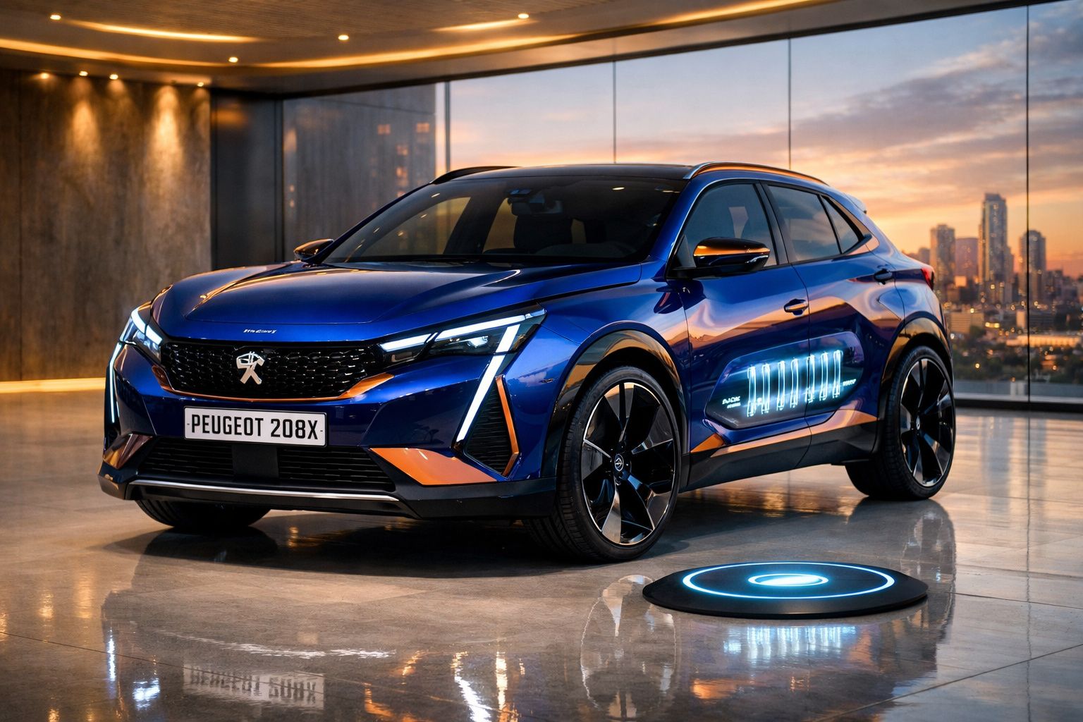 Carro elétrico Peugeot 208X azul em showroom moderno com iluminação ambiente e reflexos no chão.