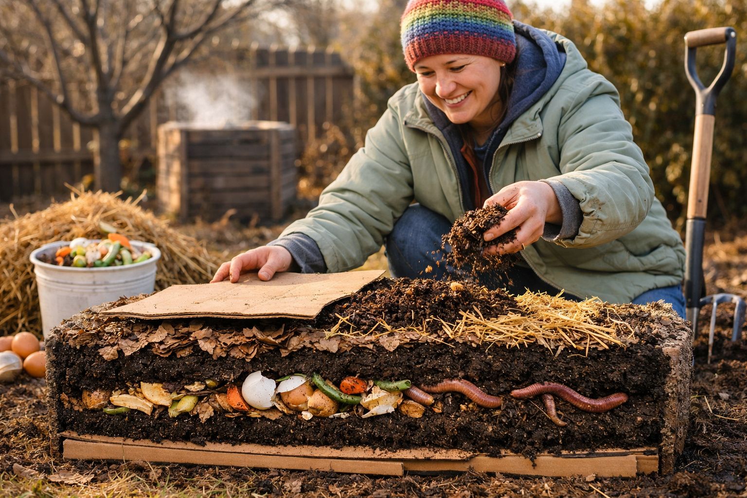 Pessoa a mexer compostagem caseira em camadas com restos de comida e minhocas ao ar livre.