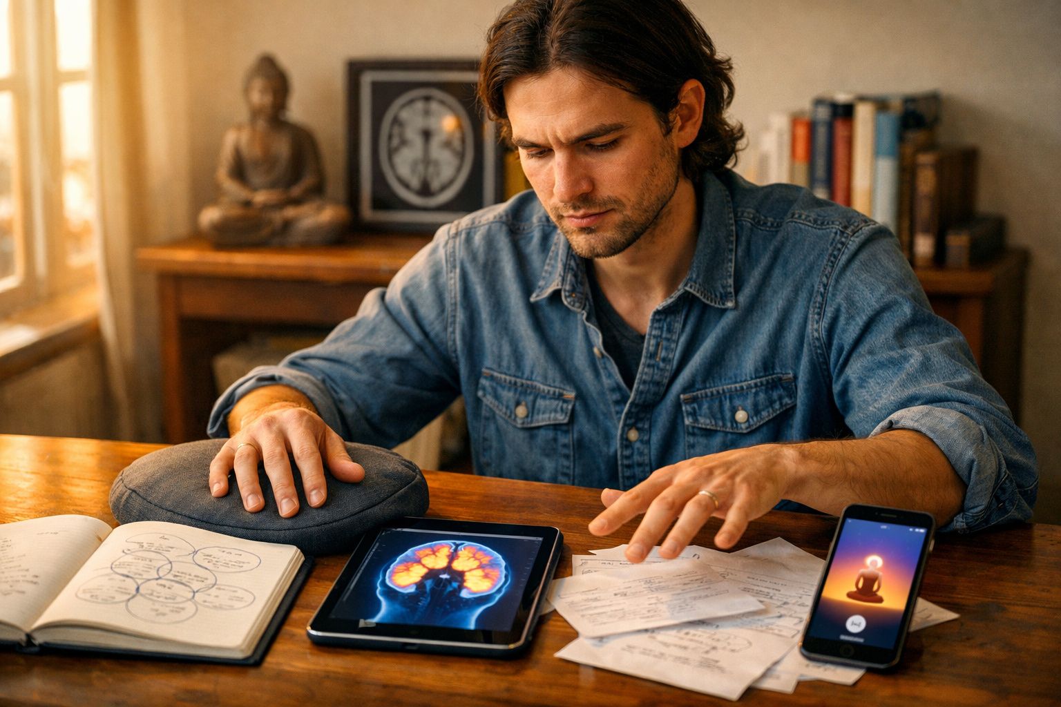 Homem analisa imagens de cérebro e notas sobre mesa com objetos de meditação e livros ao fundo.