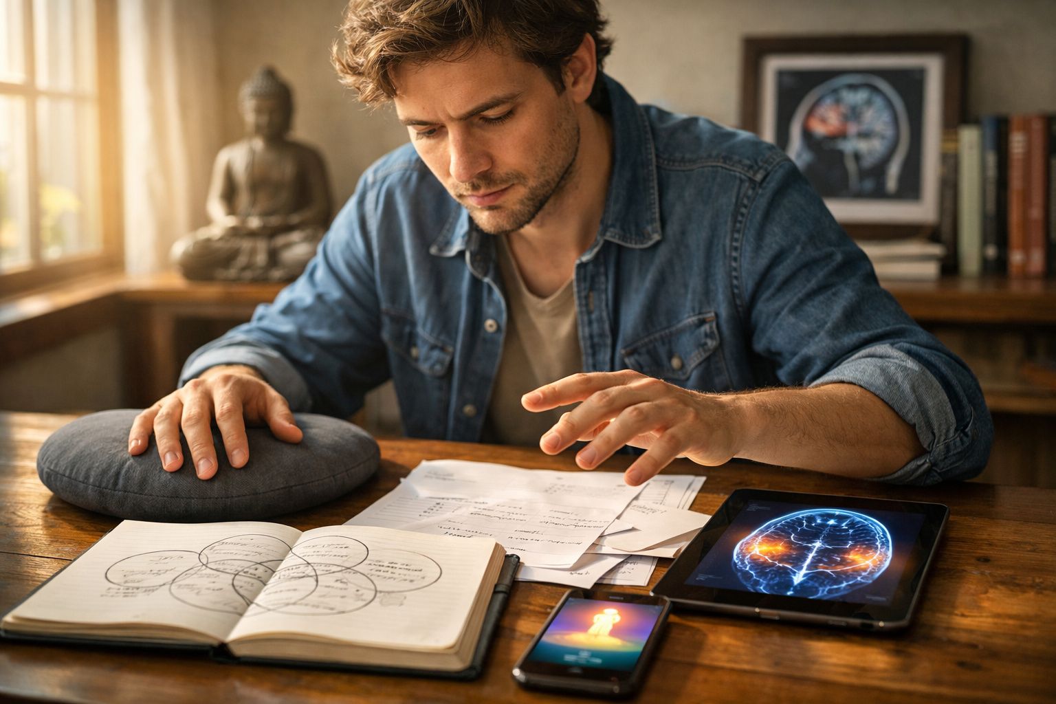Homem concentra-se a estudar esquemas de cérebro, com livro, ecrã tátil e almofada de meditação numa mesa de madeira.