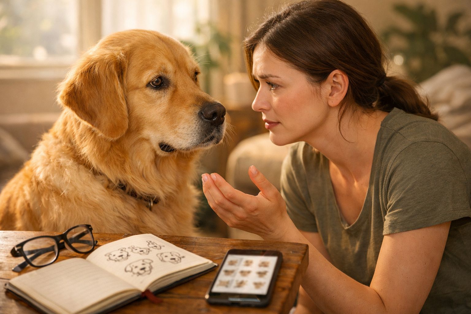 Mulher a comunicar com cão golden retriever numa mesa com caderno, telemóvel e óculos.
