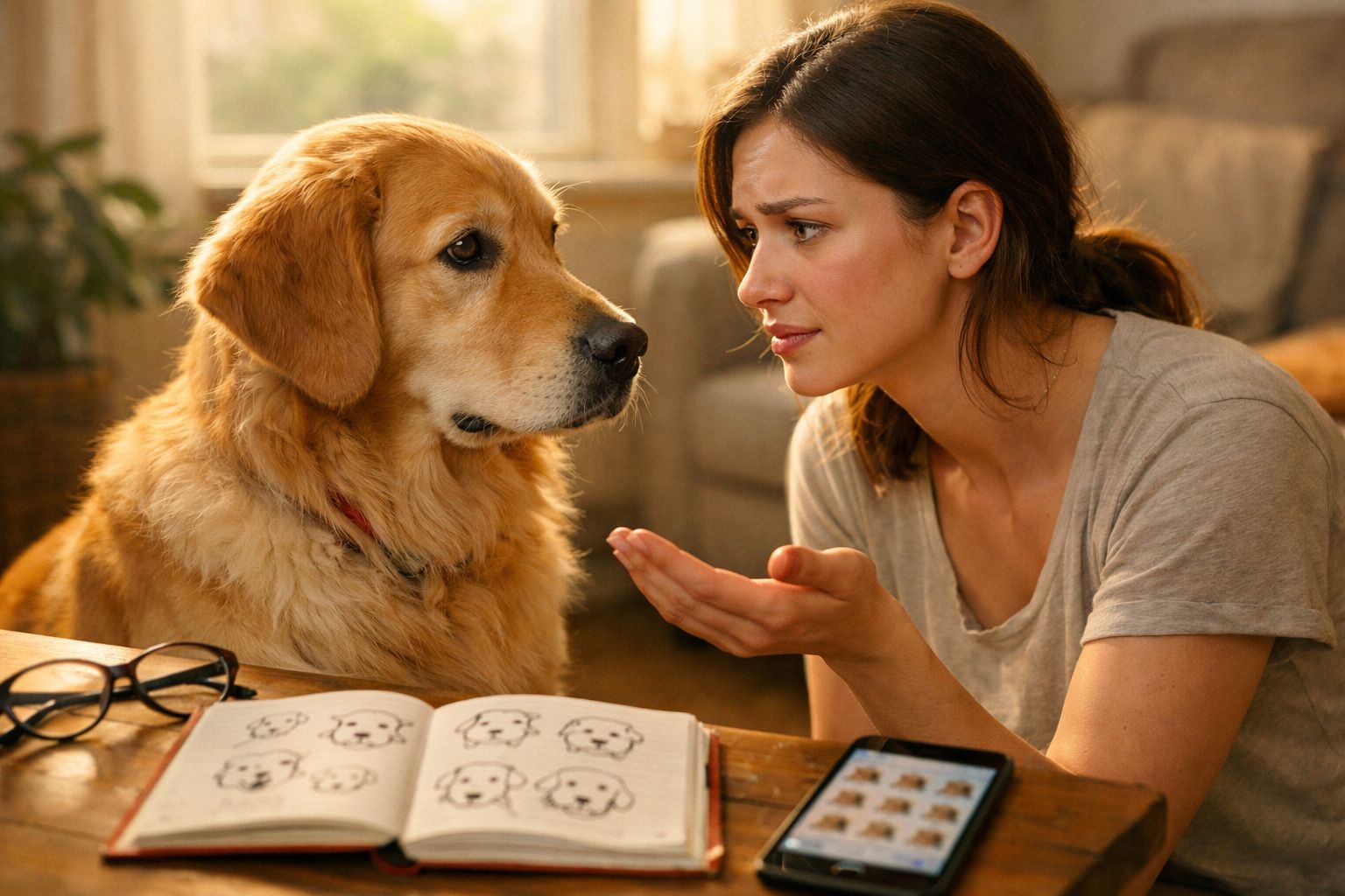 Mulher conversa com cão golden retriever perto de caderno com desenhos de cães numa sala iluminada.
