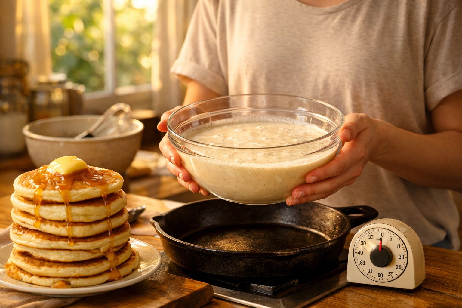 Pessoa a preparar massa para panquecas ao lado de uma pilha de panquecas com manteiga e xarope.
