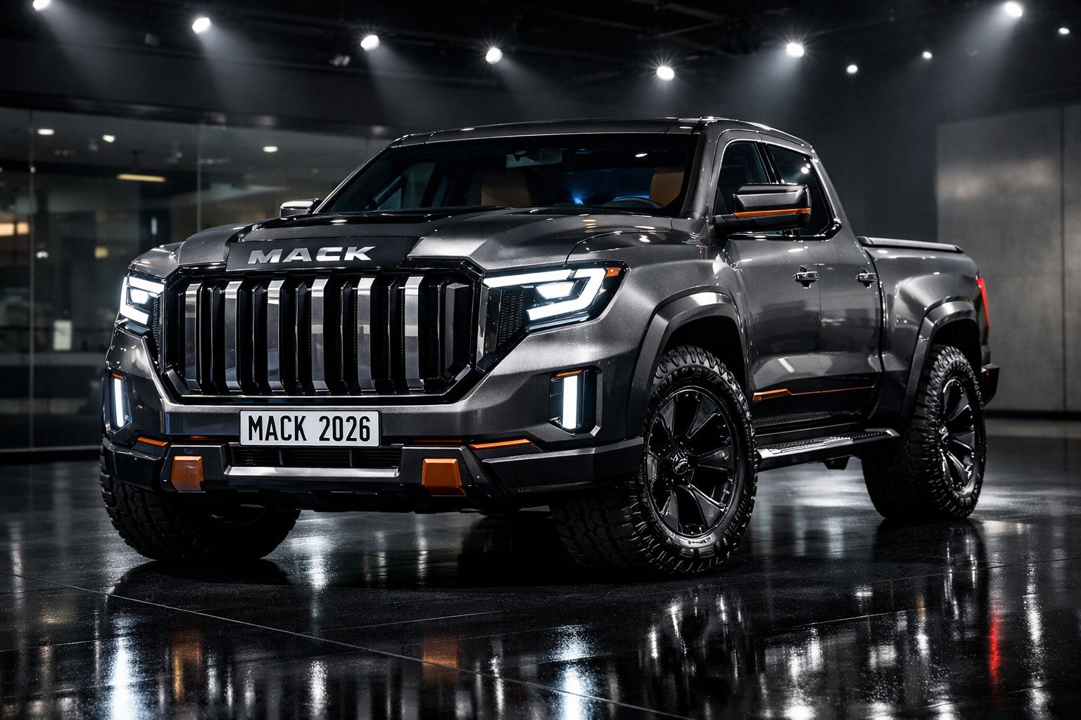 Pick-up Mack 2026 cinzenta metálica com para-choques robustos e faróis LED ligados num ambiente interior.