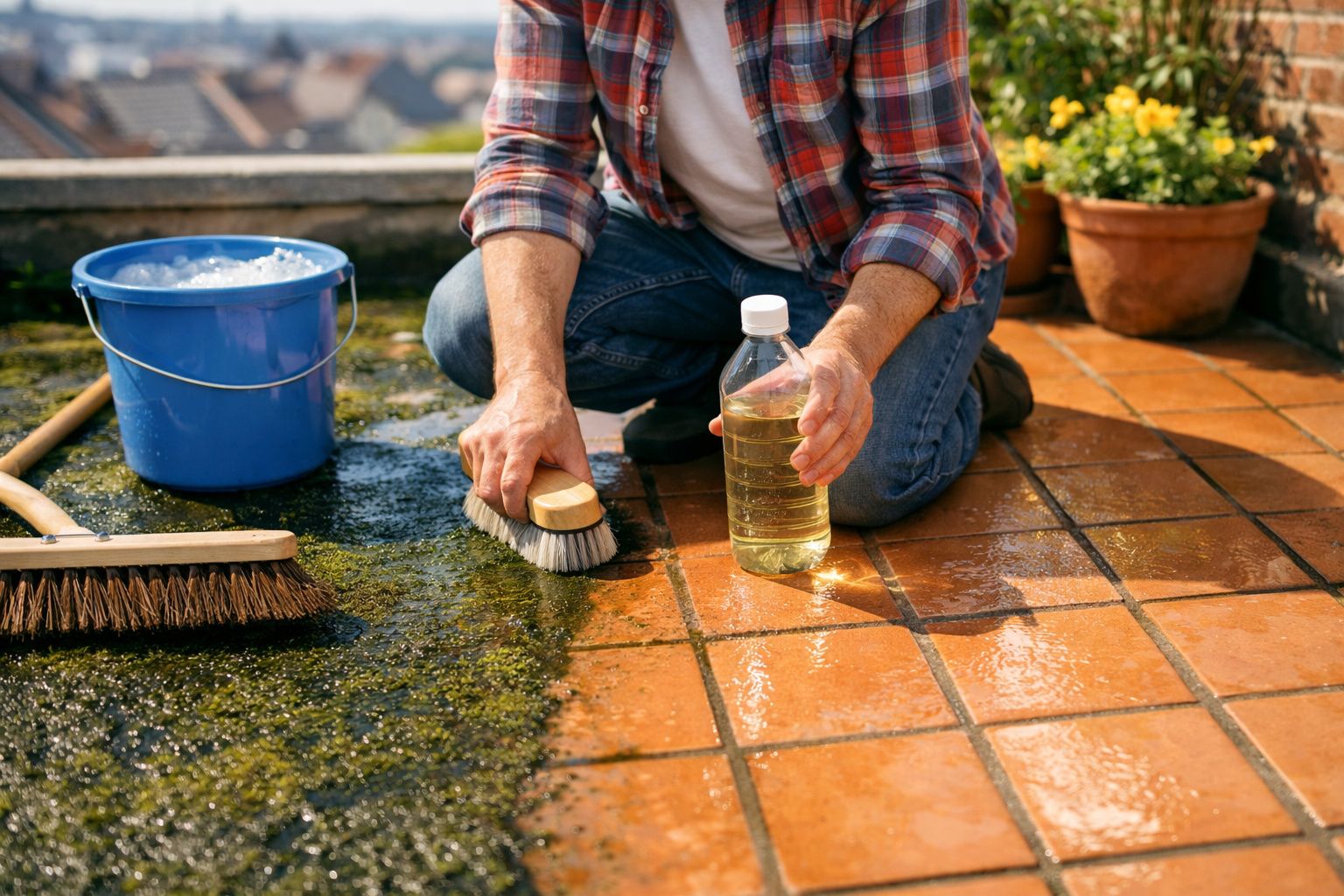 Pessoa a limpar azulejos exteriores com escova, balde e líquido de limpeza.