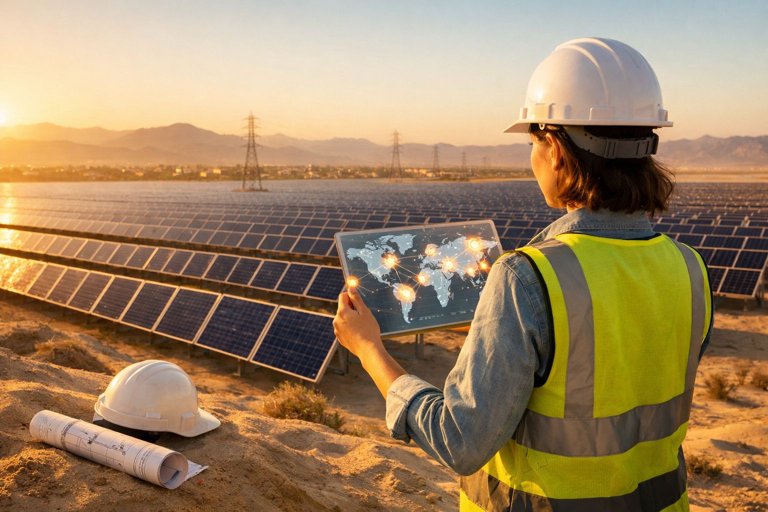 Mulher com colete e capacete a analisar mapa digital em painel solar ao pôr do sol num deserto.