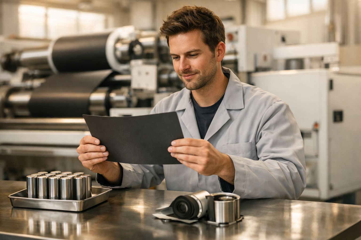 Homem com bata cinzenta inspeciona uma peça preta numa fábrica ou laboratório industrial.