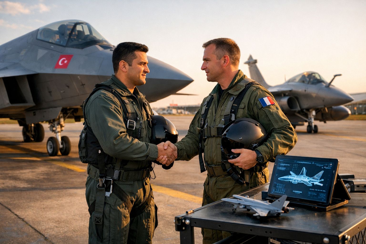 Dois pilotos militares a cumprimentarem-se com aviões de caça ao fundo numa pista de aeroportos.