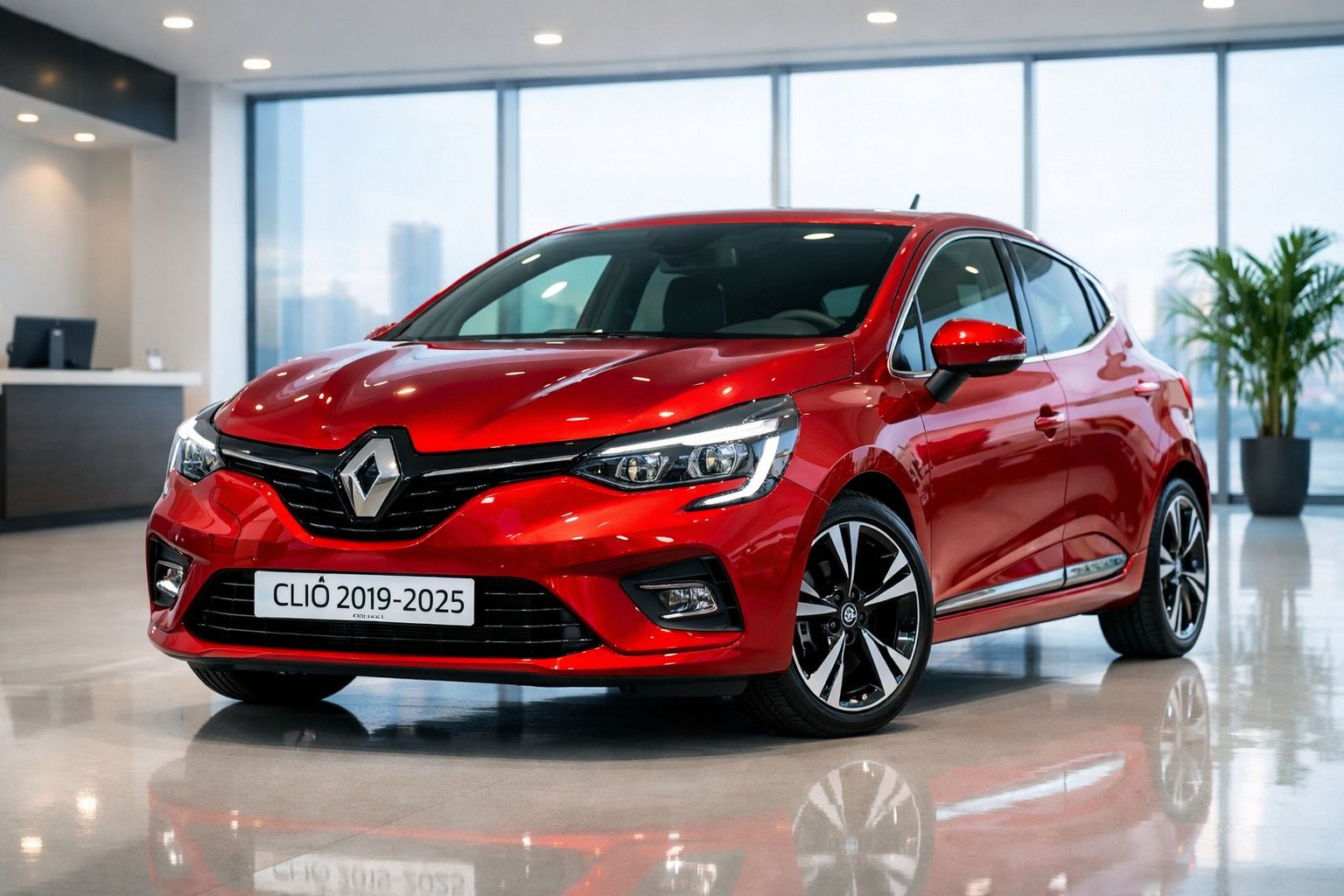 Automóvel Renault Clio vermelho modelo 2019-2025 em ambiente interior com piso refletor.