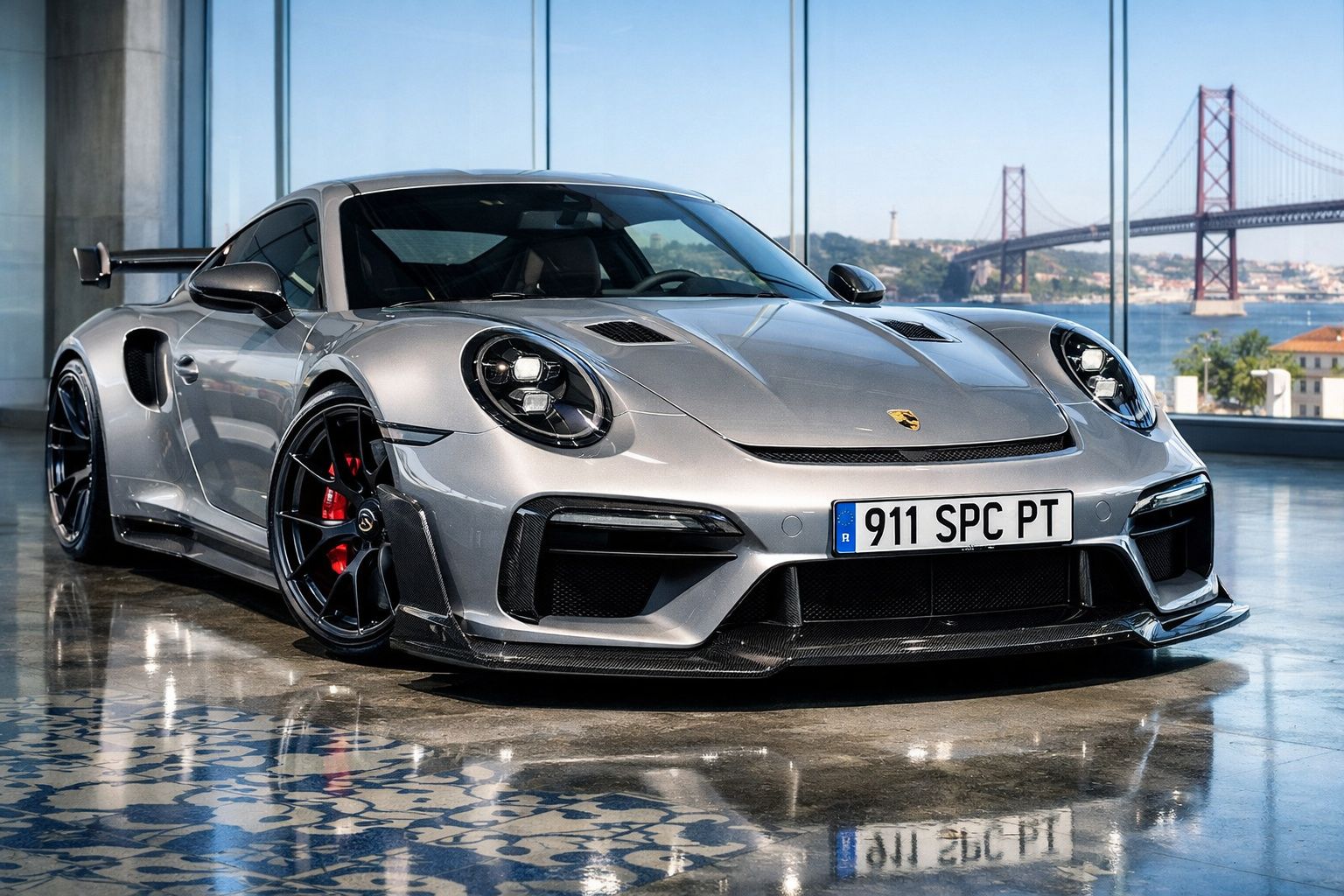 Carro desportivo Porsche 911 prata estacionado em ambiente interior com ponte e rio ao fundo.