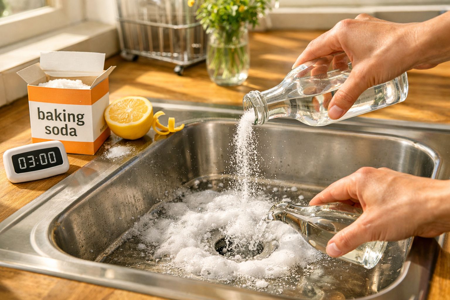 Mãos a verter bicarbonato de sódio e vinagre na pia de cozinha para desentupir o ralo.