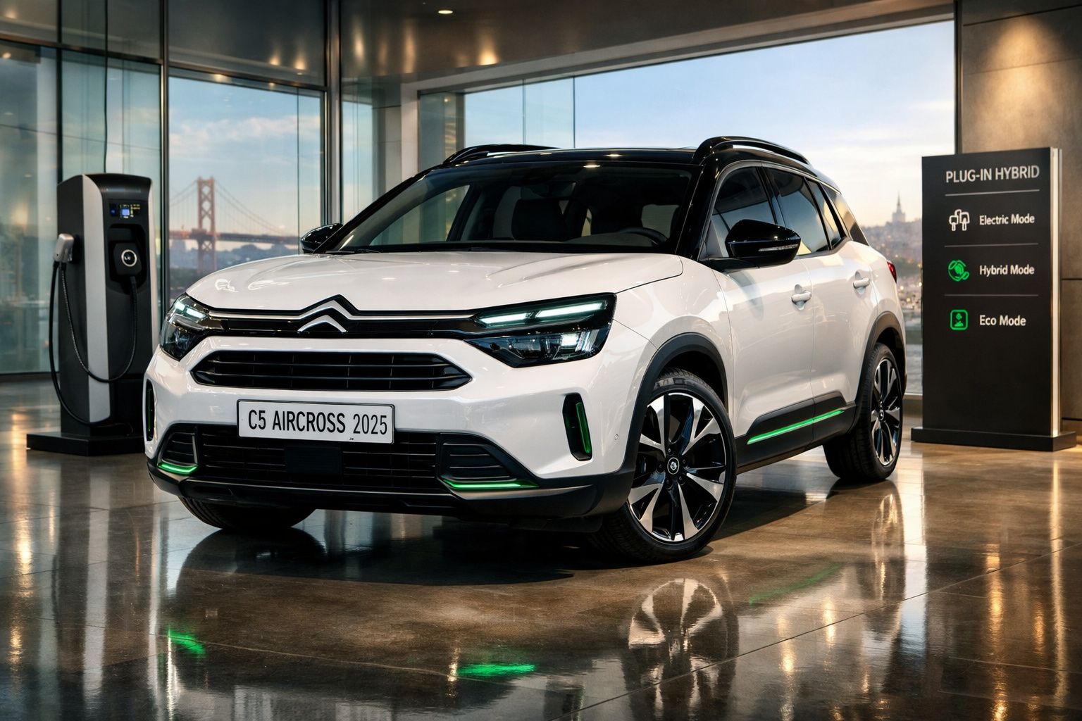 SUV Citroën C5 Aircross 2025 híbrido plug-in branco estacionado dentro de uma garagem moderna.
