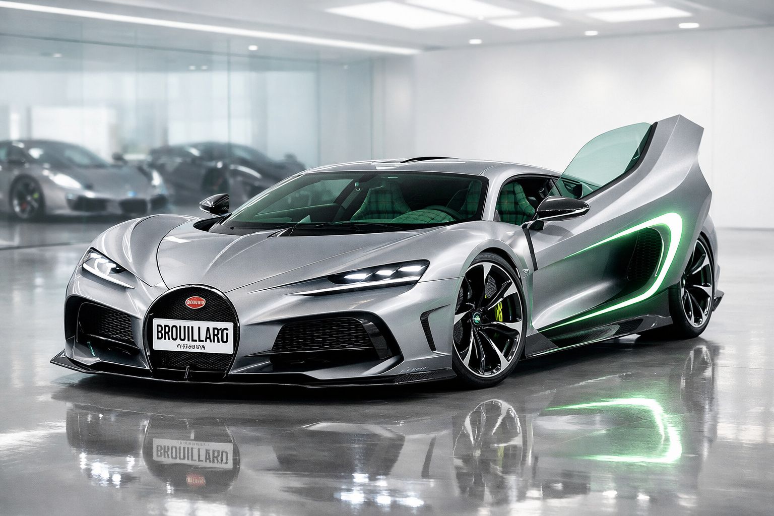 Carro desportivo prateado com portas de asa abertas numa garagem moderna e brilhante.