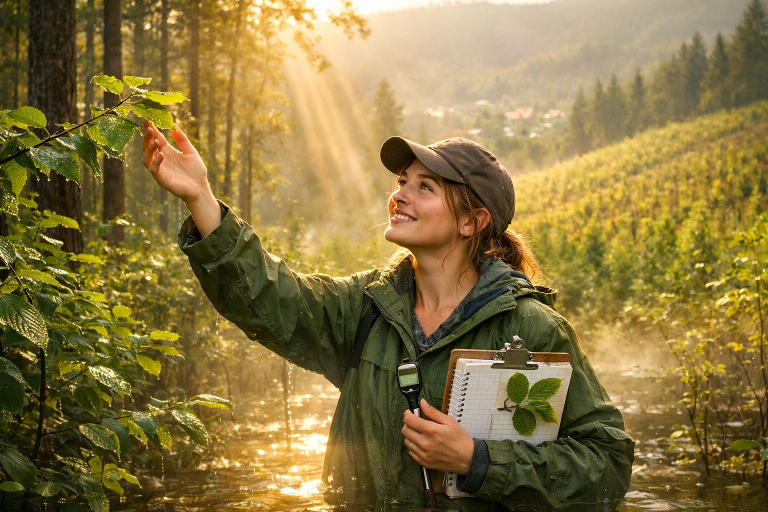 Mulher num bosque a observar e recolher plantas, com prancha e folhas, sob luz do sol ao amanhecer.