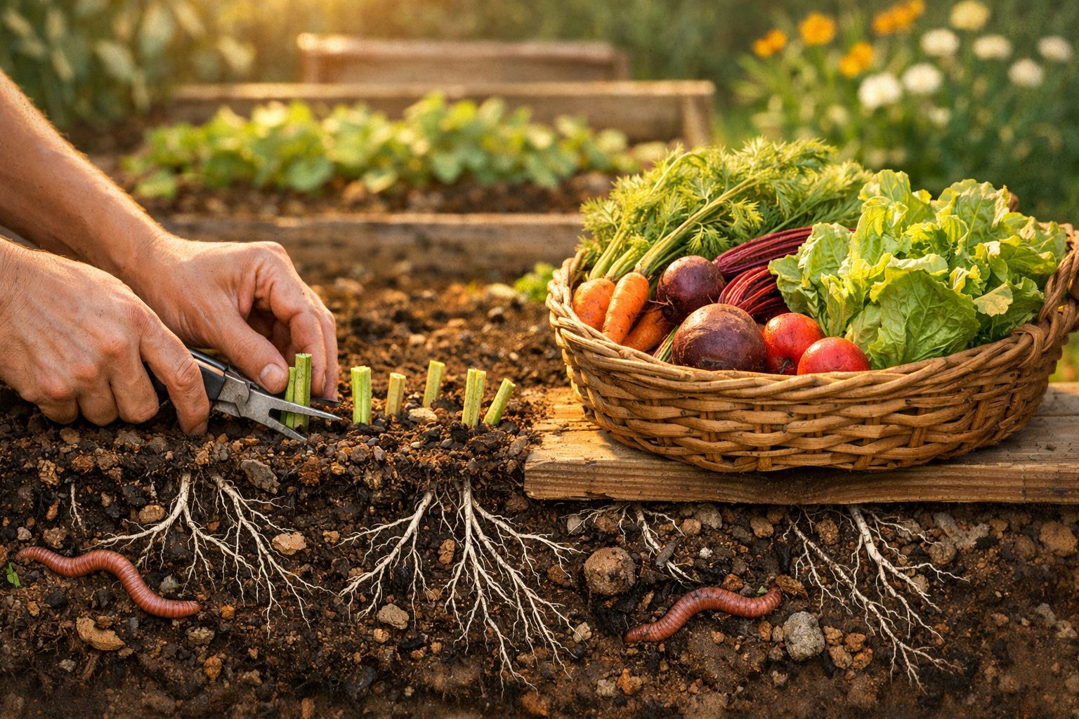 Mãos a cultivar estacas em terreno com minhocas; à direita, cesta com legumes frescos variados.