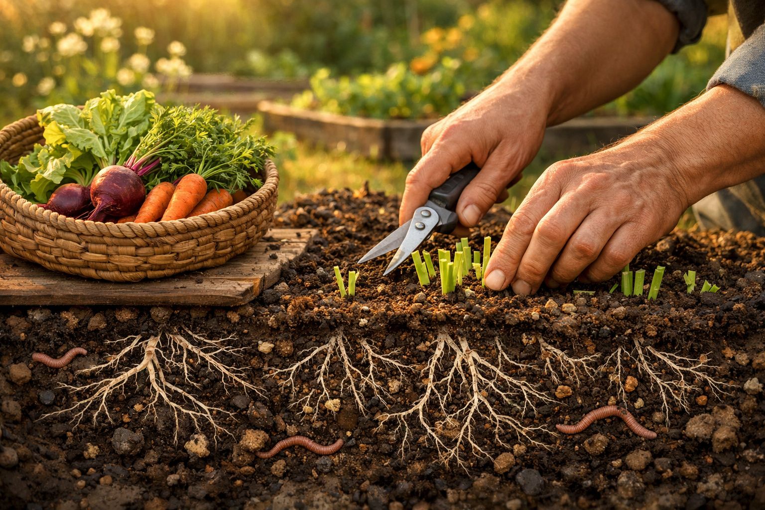 Mãos a podar rebentos numa horta com raízes e minhocas visíveis no solo, cesta com legumes ao lado.
