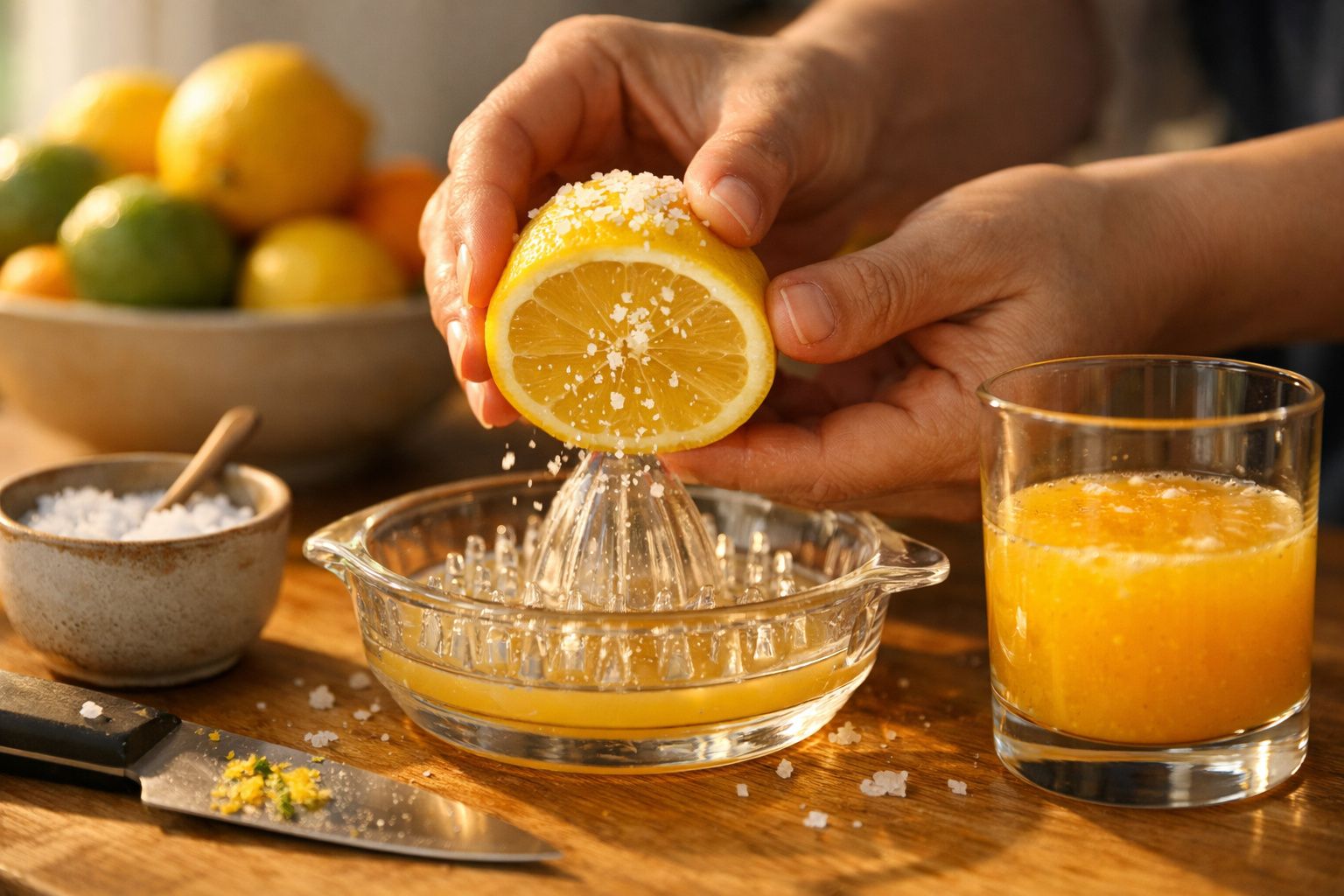 Mãos a espremem limão numa espremedora de vidro com sal grosso e copo de sumo na mesa de madeira.