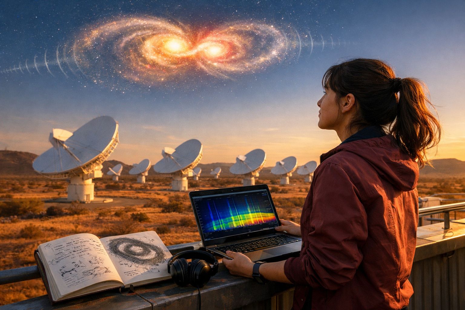 Mulher observa o céu com radiotelescópios, laptop e caderno com desenho de galáxia ao pôr do sol.