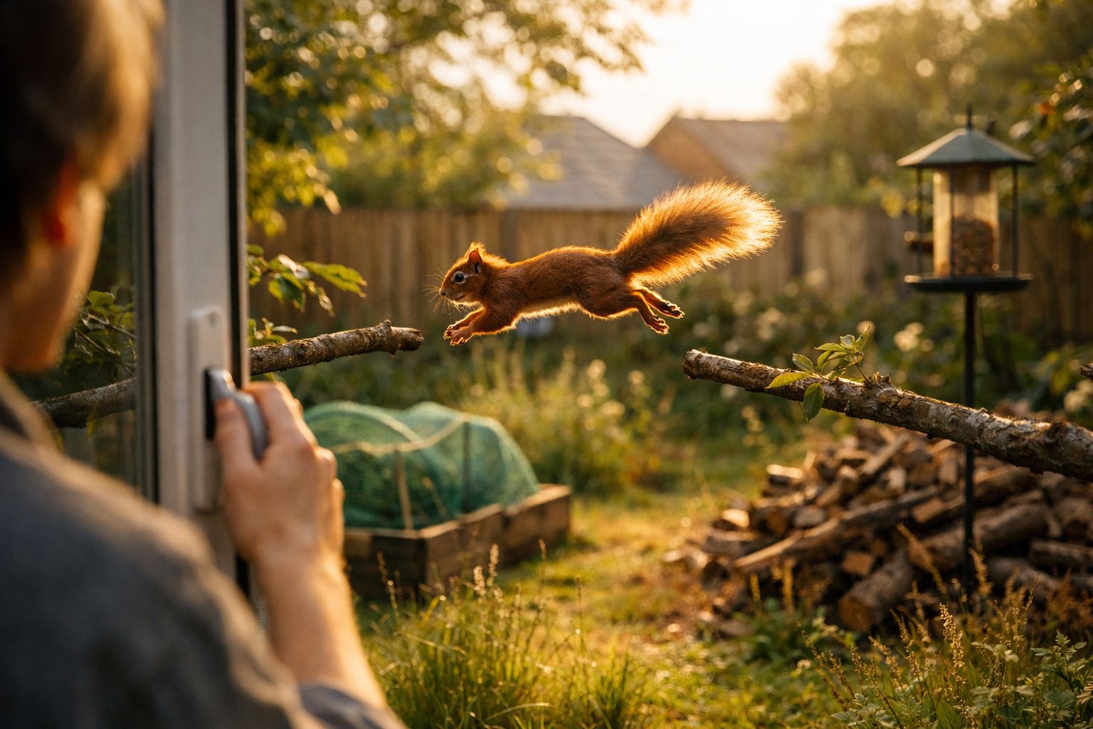 Esquilo vermelho a saltar entre dois ramos no jardim ao pôr do sol, com pessoa a observar pela janela.